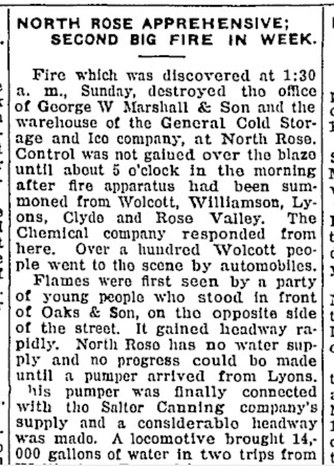 “North Rose Apprehensive; Second Big Fire in Week” — The Lake Shore News, August 1923