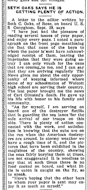“Seth Oaks Says He Is Getting Plenty of Action” — The Lake Shore News, October 1918