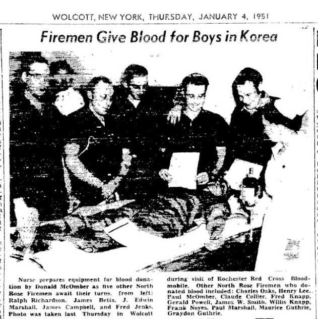 “Firemen Give Blood for Boys in Korea” — North Rose firemen at the Rochester Red Cross Bloodmobile in Wolcott, The Lake Shore News, 4 January 1951