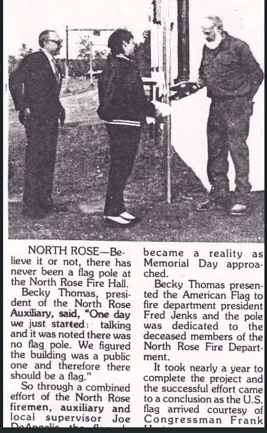 Newspaper article about the North Rose Fire Hall flagpole dedication