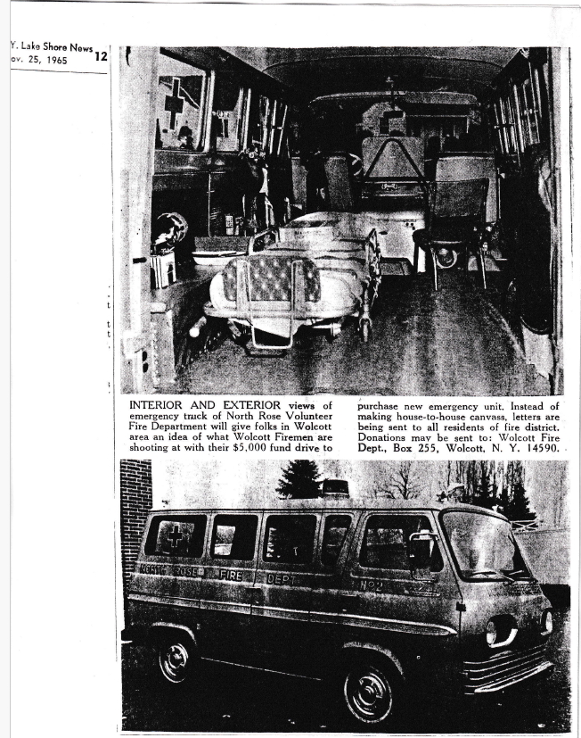 “Interior and Exterior Views” of the North Rose Volunteer Fire Department emergency truck, shown during the $5,000 fund drive for a new emergency unit, The Lake Shore News, 25 November 1965