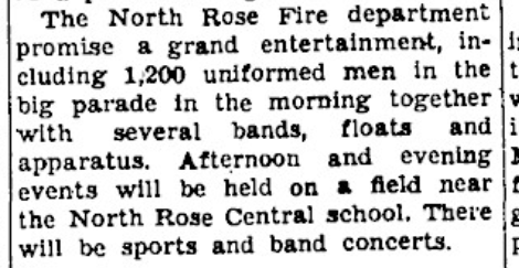 1935 Firemen’s Convention, part 3 — 1,200 uniformed men parade, with sports and band concerts near the North Rose Central school, 18 July 1935