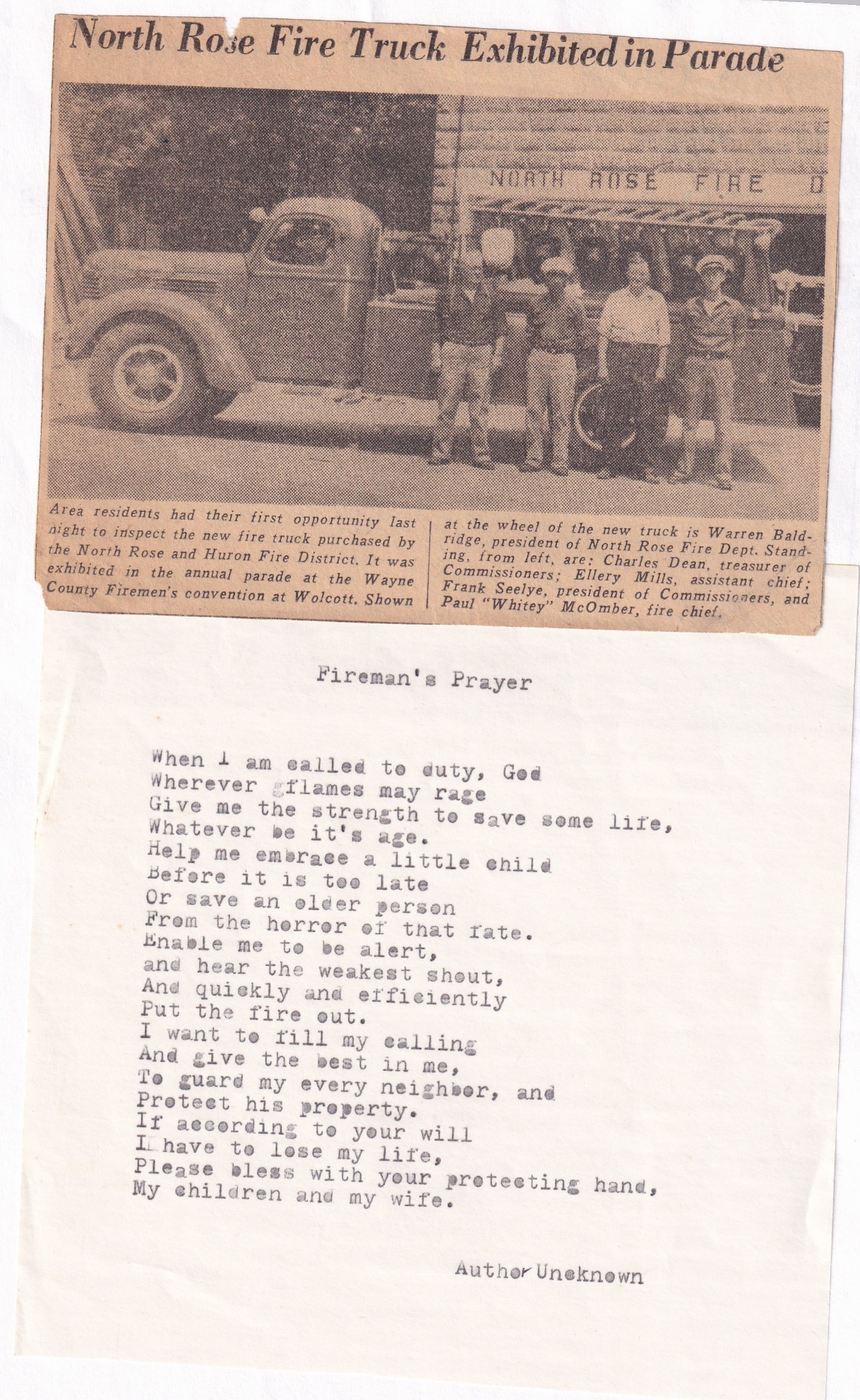 North Rose Fire Department archive photograph (historic)