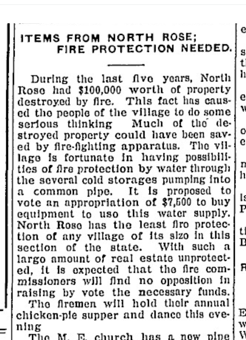 “Items From North Rose; Fire Protection Needed” — $7,500 appropriation proposed, November 1923