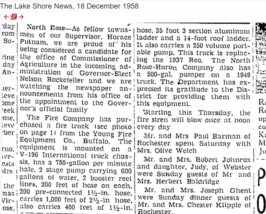 The new truck described — V-196 International chassis, 750-gpm two-stage Hale pump, 600 gallons of water and aluminium ladders, replacing the 1937 REO, The Lake Shore News, 18 December 1958