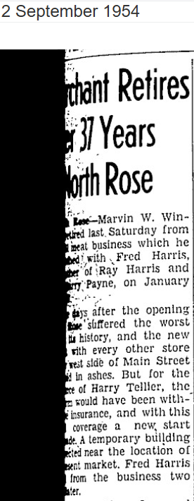 “Merchant Retires After 37 Years in North Rose”, part 1 — Marvin W. Winchell recalls the worst fire in the village's history, The Lake Shore News, 2 September 1954