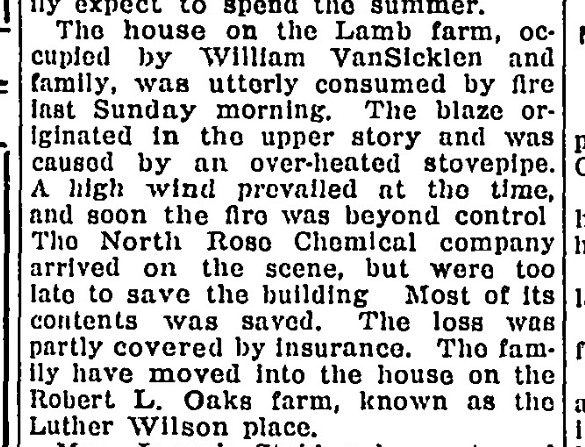 House fire on the Lamb farm — the North Rose Chemical Company responds, The Lake Shore News, April 1923