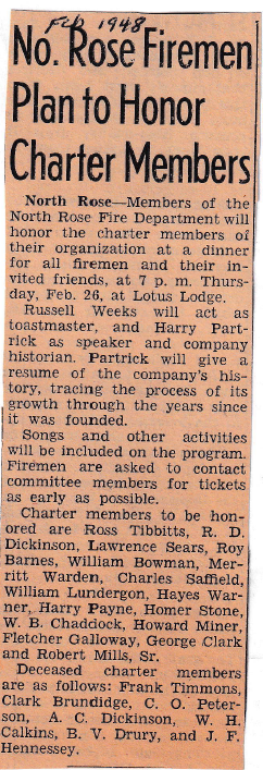 “No. Rose Firemen Plan to Honor Charter Members” — dinner at Lotus Lodge, 26 February 1948, with Harry Partrick as company historian