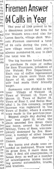 “Firemen Answer 64 Calls in Year” — a record alarm count for 1949, including the Carmen Withey home on Main Street, The Lake Shore News, January 1950