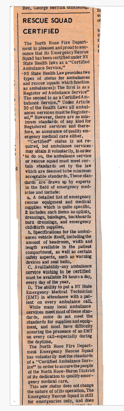 “Rescue Squad Certified” part 1 — the Emergency Rescue Squad meets New York State Health Department standards as a Certified Ambulance Service, 1980