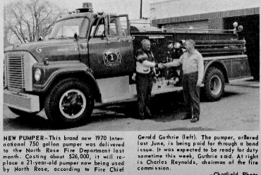 New pumper — newspaper coverage of the International/Young pumper delivered to North Rose