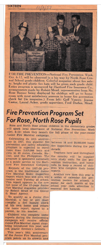 “Fire Prevention Program Set For Rose, North Rose Pupils” — Junior Fire Marshal week at North Rose Central School, 3 October 1957