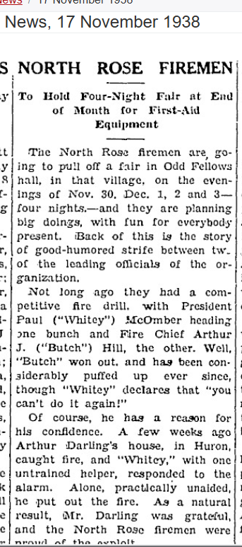 Four-night fair for first-aid equipment, and the good-humoured rivalry between President Paul “Whitey” McOmber and Chief Arthur J. “Butch” Hill, The Lake Shore News, 17 November 1938