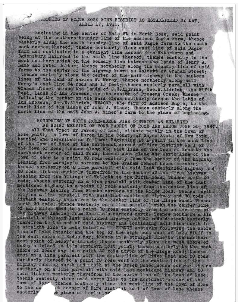 Typescript of the 1911 boundaries and, below it, the North Rose–Huron boundaries as enlarged 30 June 1937.