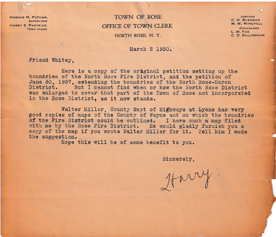 Letter of 2 March 1950 from Town Clerk Harry E. Partrick, Town of Rose, enclosing the original and 1937 boundary petitions.