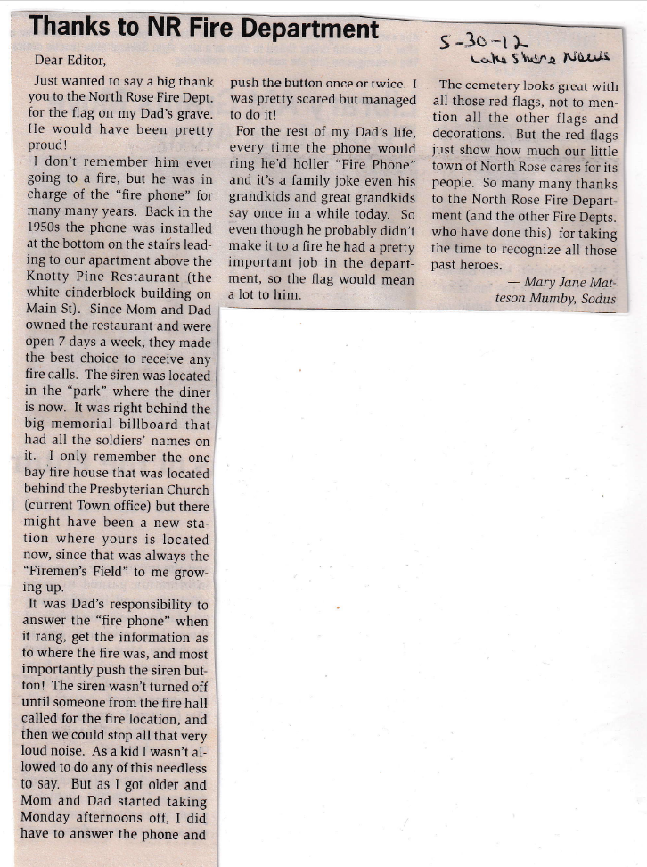 “Thanks to NR Fire Department” — letter from Mary Jane Matteson Mumby recalling her father's years answering the “fire phone” above the Knotty Pine Restaurant, The Lake Shore News, 30 May 2012