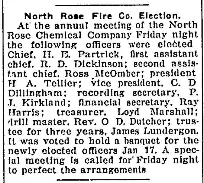 “North Rose Fire Co. Election” — annual meeting of the North Rose Chemical Company, January 1919