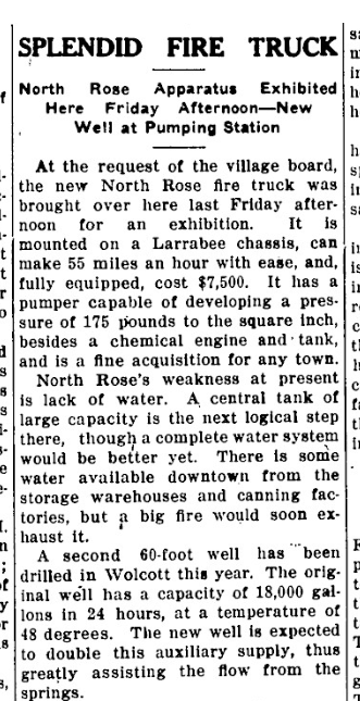 “Splendid Fire Truck” — the new Larrabee apparatus exhibited in Wolcott, The Lake Shore News, September 1924