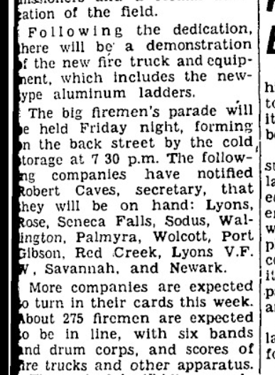 “Firemen Slate 3-Day Carnival In North Rose”, part 2 — some 275 firemen from thirteen companies expected in the Friday night parade, The Lake Shore News, 4 August 1949