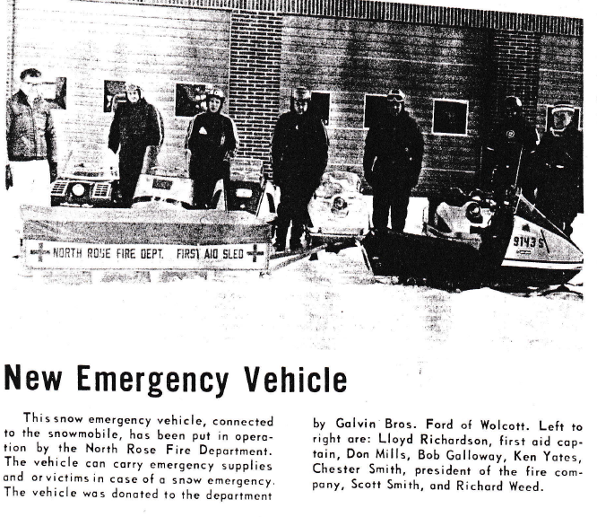 “New Emergency Vehicle” — the department's first aid sled and snowmobile crew, donated by Galvin Bros. Ford of Wolcott: Lloyd Richardson, Don Mills, Bob Galloway, Ken Yates, Chester Smith, Scott Smith and Richard Weed, 1970