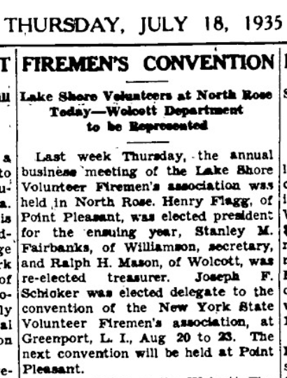 1935 Firemen’s Convention, part 1 — Lake Shore Volunteer Firemen’s association elects officers at North Rose, 18 July 1935