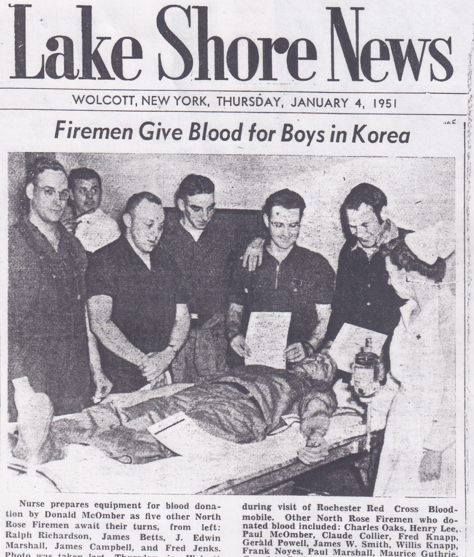 “Firemen Give Blood for Boys in Korea” — full front page, The Lake Shore News, Wolcott, Thursday 4 January 1951