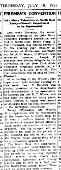 “Firemen’s Convention — Lake Shore Volunteers at North Rose Today” — full column, 18 July 1935