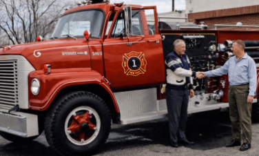 Gerry Guthrie accepting delivery of a new North Rose pumper