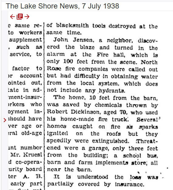 Gray Street barn fire, part 2 — Robert Dickinson, aged 70, works his home-made chemical fire truck to save a neighbouring home, The Lake Shore News, 7 July 1938