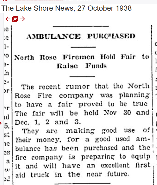 “Ambulance Purchased — North Rose Firemen Hold Fair to Raise Funds” — The Lake Shore News, 27 October 1938