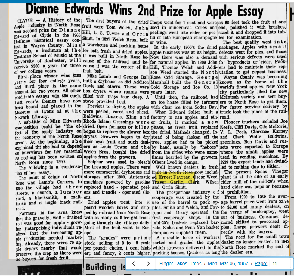 “Dianne Edwards Wins 2nd Prize for Apple Essay” — a condensed history of the North Rose dried-apple and cold-storage industry, Hoffman historical essay contest, Finger Lakes Times, 6 March 1967
