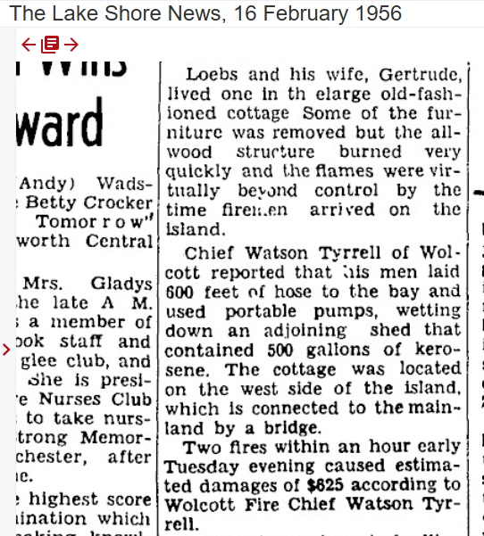 “Flames Destroy 3-Story Cottage At Sodus Bay”, part 2 — 600 feet of hose laid to the bay and portable pumps used to protect a shed holding 500 gallons of kerosene, The Lake Shore News, 16 February 1956