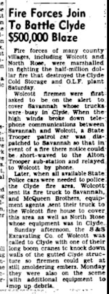 “Fire Forces Join To Battle Clyde $500,000 Blaze” — North Rose among the companies marshalled at the Clyde Cold Storage and G.L.F. plant fire, The Lake Shore News, January 1950