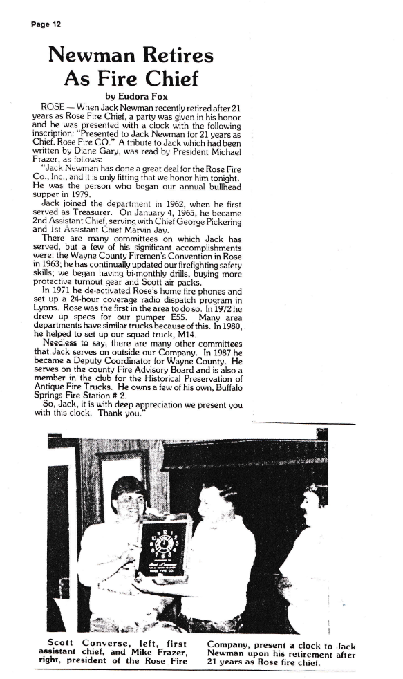 “Newman Retires As Fire Chief” by Eudora Fox — Jack Newman honoured after 21 years as Rose fire chief; Scott Converse and Mike Frazer present the clock, 1989