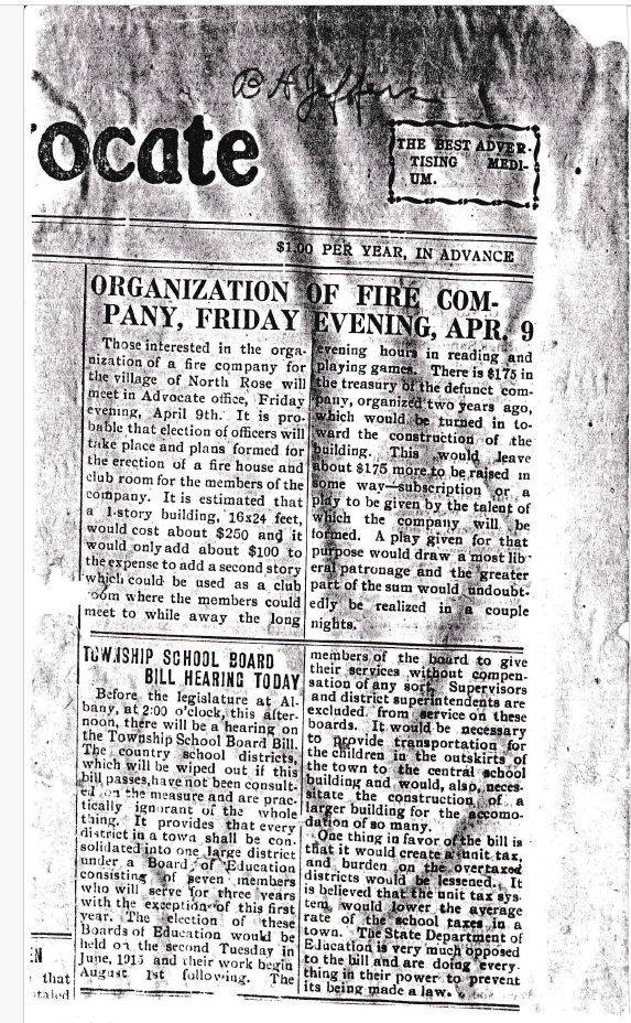 “Organization of Fire Company, Friday Evening, Apr. 9” — The North Rose Advocate, 1915