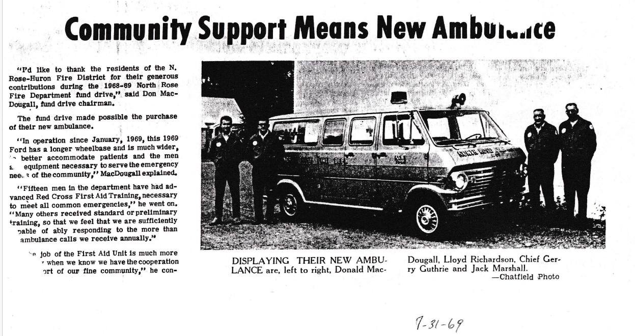 “Community Support Means New Ambulance” — fund drive chairman Don MacDougall thanks the N. Rose–Huron Fire District; displaying the 1969 Ford, left to right, Donald MacDougall, Lloyd Richardson, Chief Gerry Guthrie and Jack Marshall, 31 July 1969
