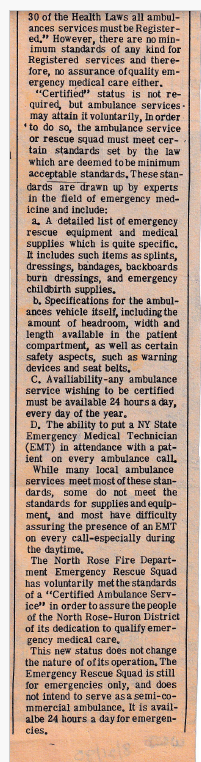 “Rescue Squad Certified” part 2 — equipment, staffing and 24-hour availability standards met voluntarily for the North Rose–Huron district, 1980