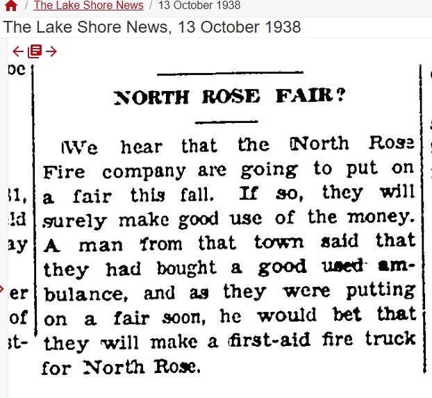 “North Rose Fair?” — talk of a fall fair and a good used ambulance, The Lake Shore News, 13 October 1938