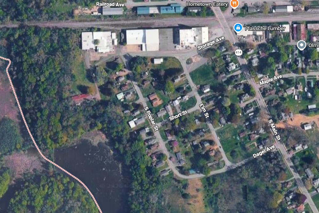 Aerial view of the cold storage, canning factory and pond