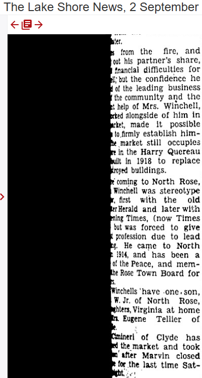 “Merchant Retires After 37 Years in North Rose”, part 2 — rebuilding in the Harry Quereau block, put up in 1918 to replace the buildings destroyed by fire, The Lake Shore News, 2 September 1954
