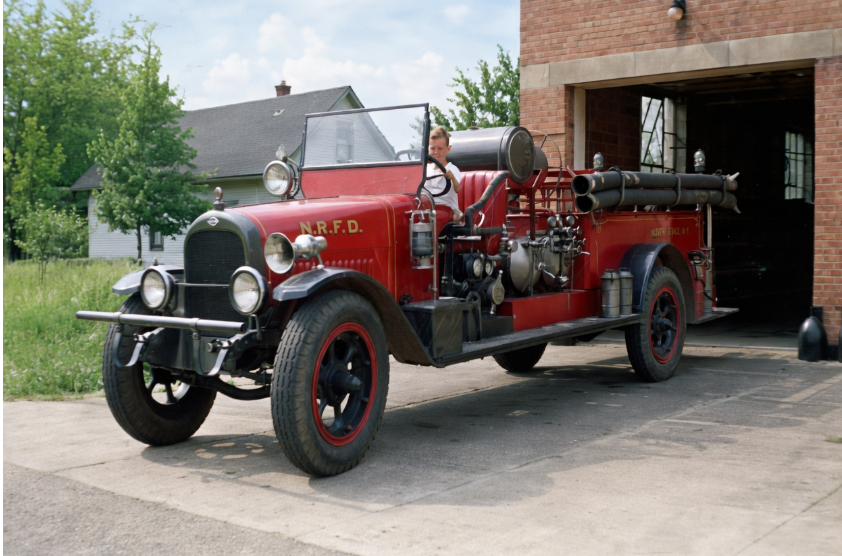 The department's 1924 Buffalo Larrabee motor engine, lettered N.R.F.D., outside the North Rose fire hall