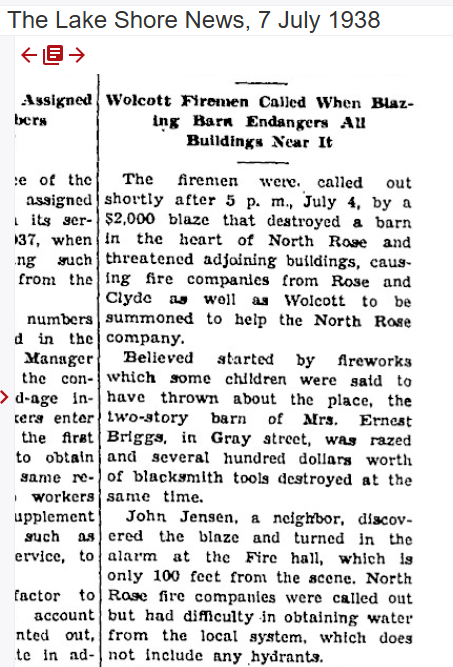 Gray Street barn fire, part 1 — $2,000 blaze threatens the heart of North Rose, The Lake Shore News, 7 July 1938