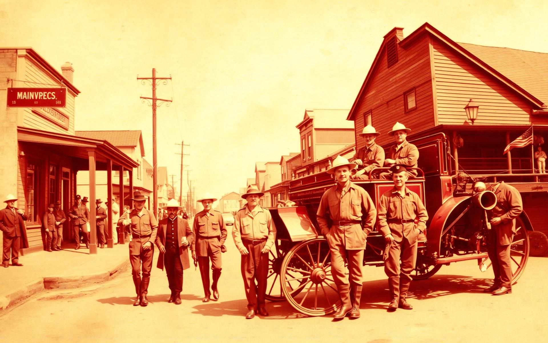 Historic North Rose main street with early twentieth century firefighters